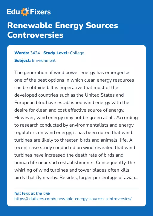 Renewable Energy Sources Controversies - Essay Preview