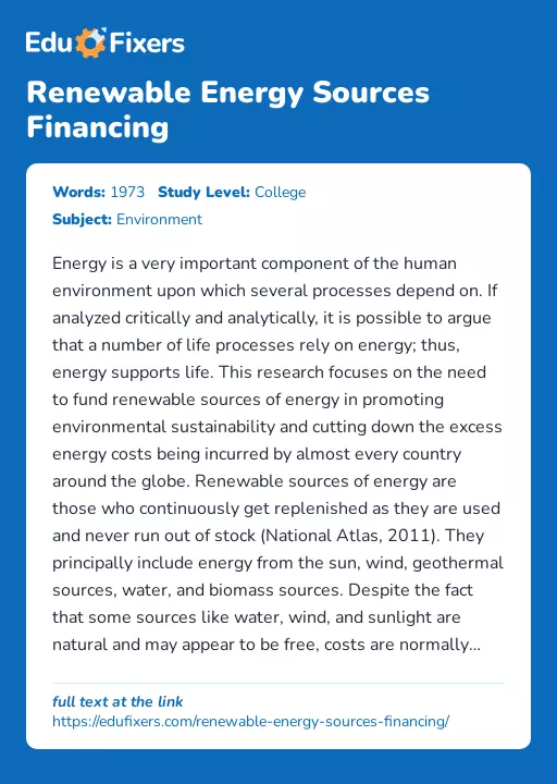 Renewable Energy Sources Financing - Essay Preview