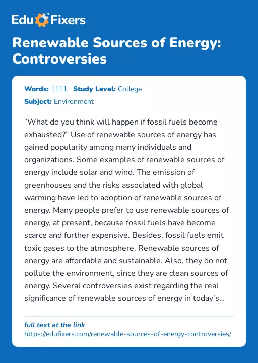 Renewable Sources of Energy: Controversies - Essay Preview