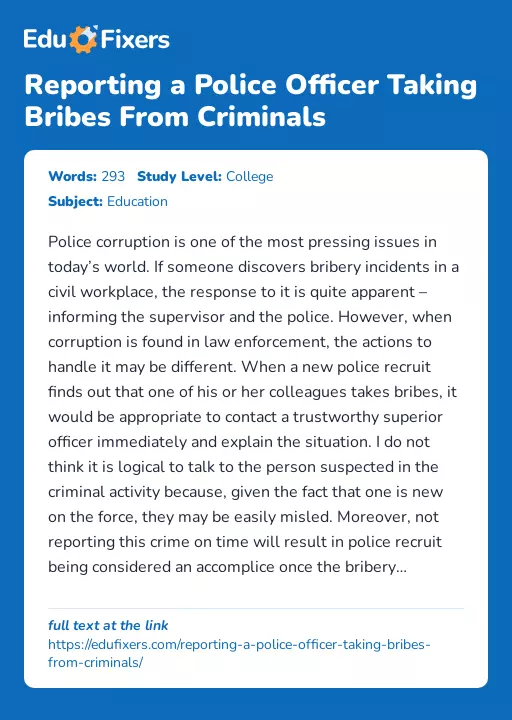 Reporting a Police Officer Taking Bribes From Criminals - Essay Preview