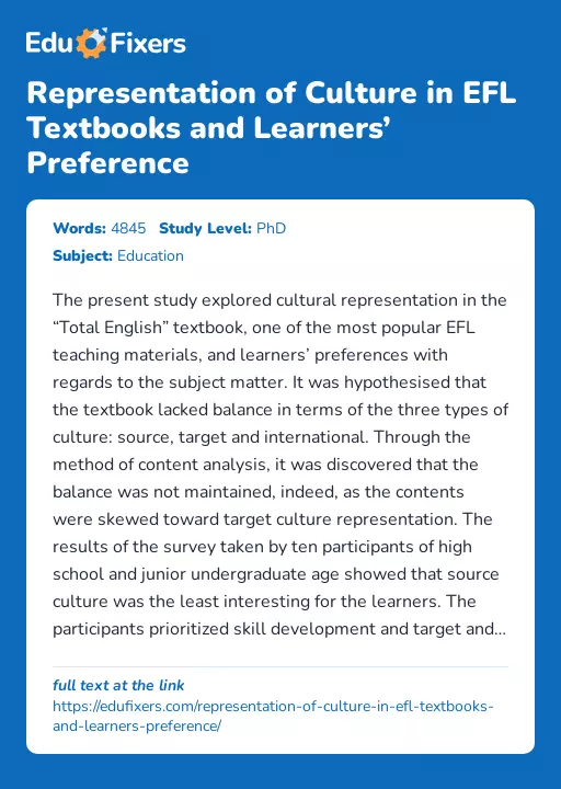 Representation of Culture in EFL Textbooks and Learners’ Preference - Essay Preview