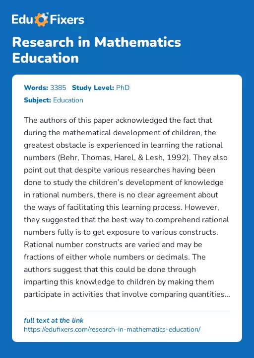 Research in Mathematics Education - Essay Preview