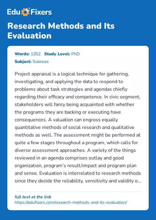 Research Methods and Its Evaluation - Essay Preview