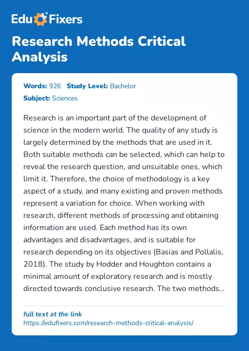 Research Methods Critical Analysis - Essay Preview