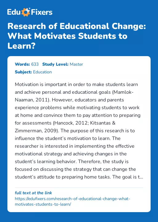 Research of Educational Change: What Motivates Students to Learn? - Essay Preview