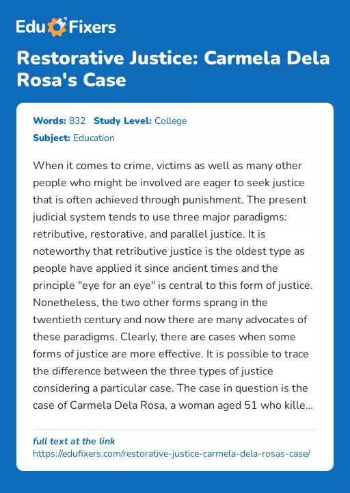 Restorative Justice: Carmela Dela Rosa's Case - Essay Preview