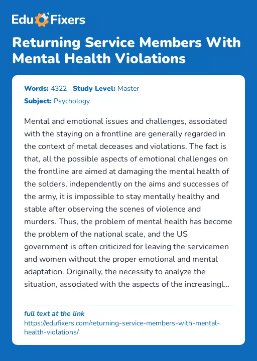 Returning Service Members With Mental Health Violations - Essay Preview