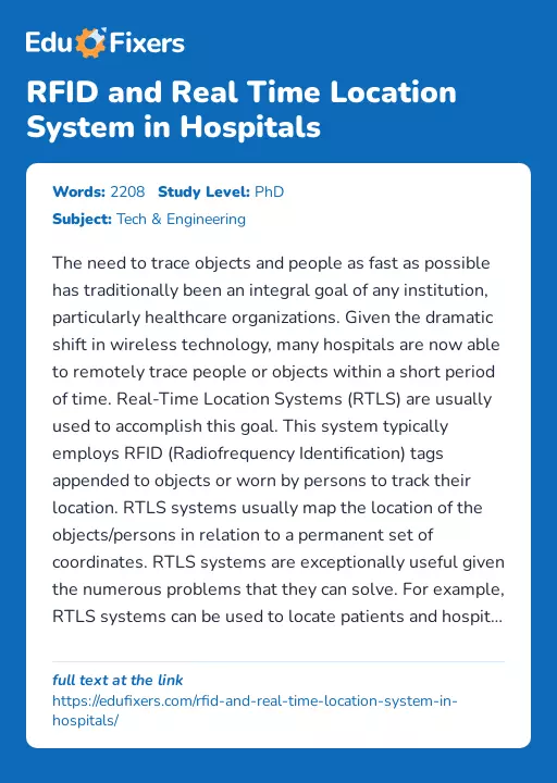 RFID and Real Time Location System in Hospitals - Essay Preview