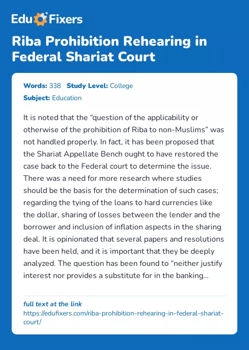 Riba Prohibition Rehearing in Federal Shariat Court - Essay Preview