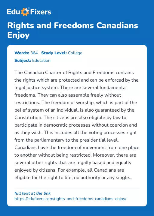 Rights and Freedoms Canadians Enjoy - Essay Preview