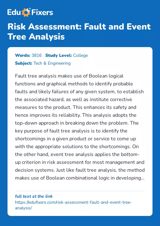 Risk Assessment: Fault and Event Tree Analysis - Essay Preview
