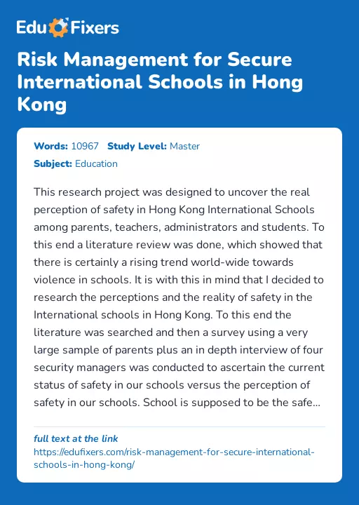 Risk Management for Secure International Schools in Hong Kong - Essay Preview