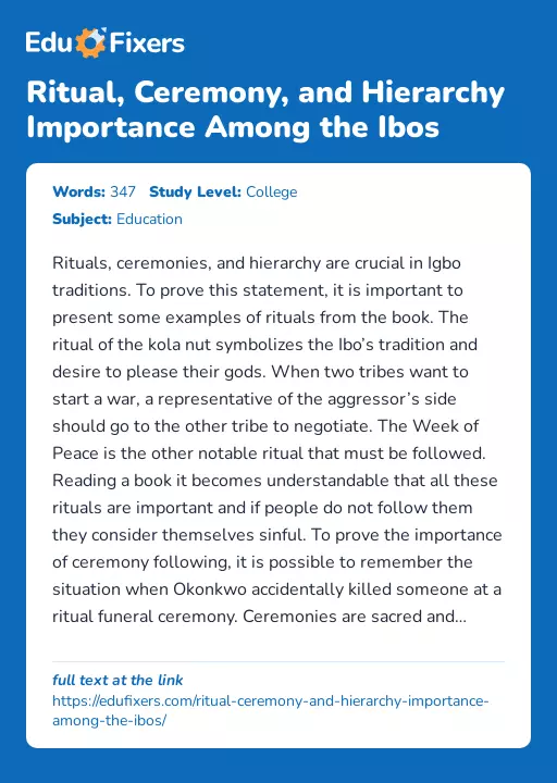 Ritual, Ceremony, and Hierarchy Importance Among the Ibos - Essay Preview