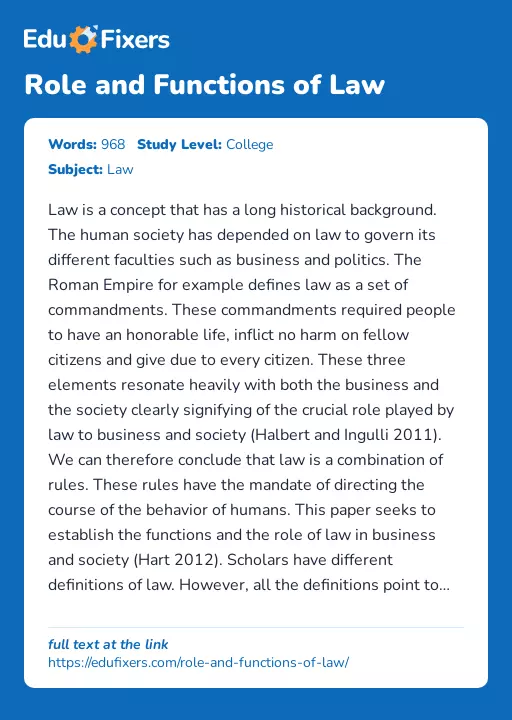 Role and Functions of Law - Essay Preview