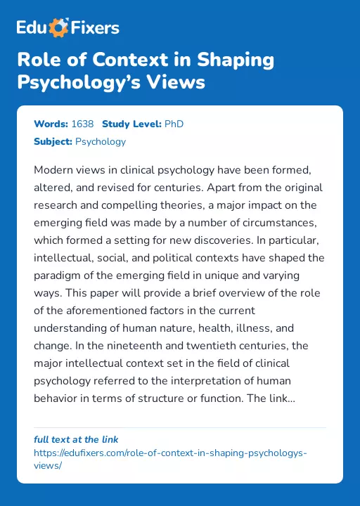 Role of Context in Shaping Psychology’s Views - Essay Preview