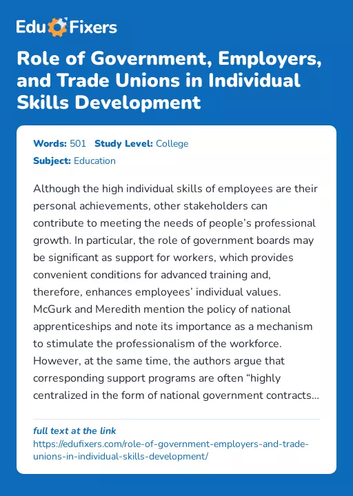 Role of Government, Employers, and Trade Unions in Individual Skills Development - Essay Preview