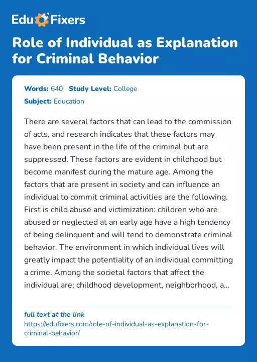 Role of Individual as Explanation for Criminal Behavior - Essay Preview