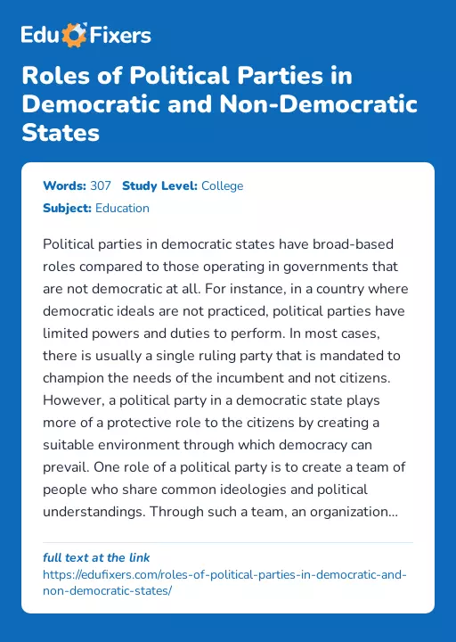 Roles of Political Parties in Democratic and Non-Democratic States - Essay Preview