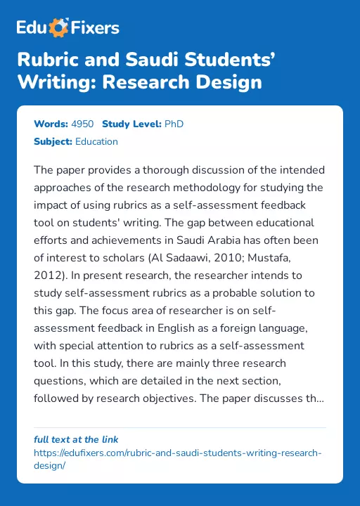 Rubric and Saudi Students’ Writing: Research Design - Essay Preview