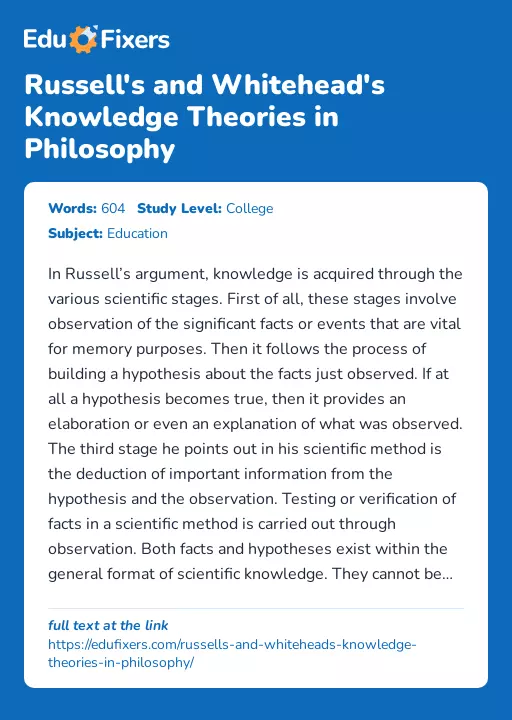 Russell's and Whitehead's Knowledge Theories in Philosophy - Essay Preview