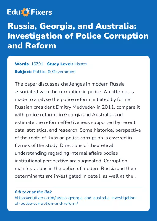 Russia, Georgia, and Australia: Investigation of Police Corruption and Reform - Essay Preview