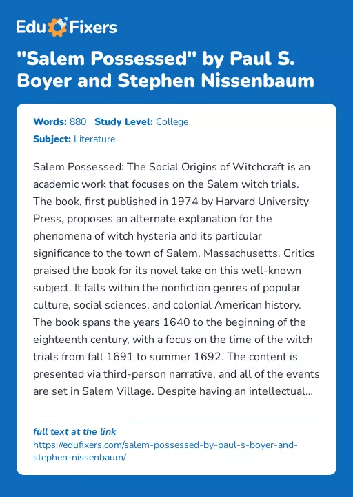 "Salem Possessed" by Paul S. Boyer and Stephen Nissenbaum - Essay Preview