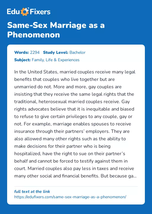 Same-Sex Marriage as a Phenomenon - Essay Preview