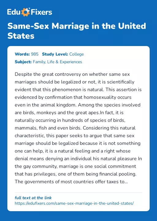 Same-Sex Marriage in the United States - Essay Preview