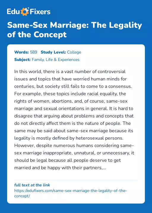 Same-Sex Marriage: The Legality of the Concept - Essay Preview