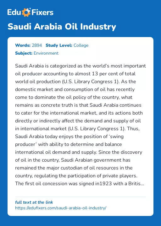 Saudi Arabia Oil Industry - Essay Preview