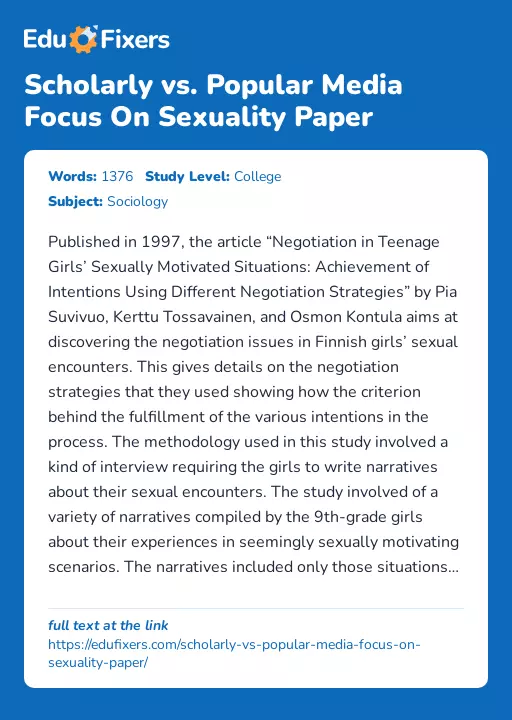 Scholarly vs. Popular Media Focus On Sexuality Paper - Essay Preview
