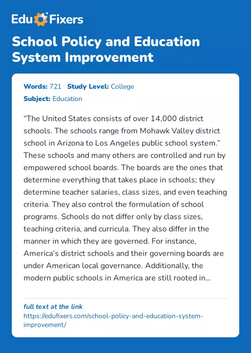 School Policy and Education System Improvement - Essay Preview