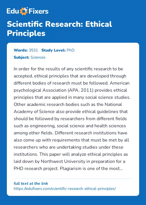 Scientific Research: Ethical Principles - Essay Preview