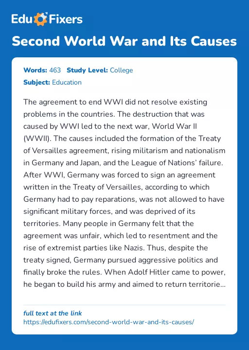 Second World War and Its Causes - Essay Preview