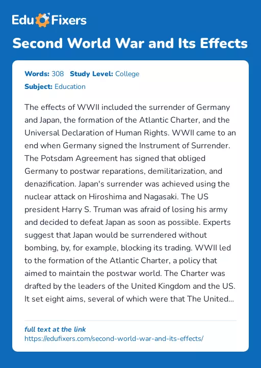 Second World War and Its Effects - Essay Preview