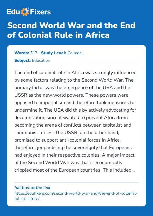 Second World War and the End of Colonial Rule in Africa - Essay Preview