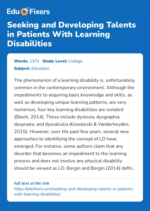 Seeking and Developing Talents in Patients With Learning Disabilities - Essay Preview