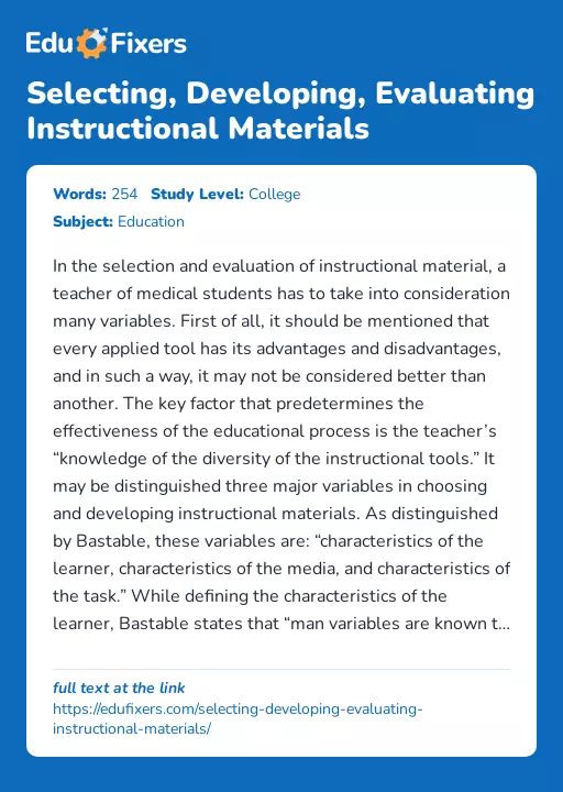 Selecting, Developing, Evaluating Instructional Materials - Essay Preview