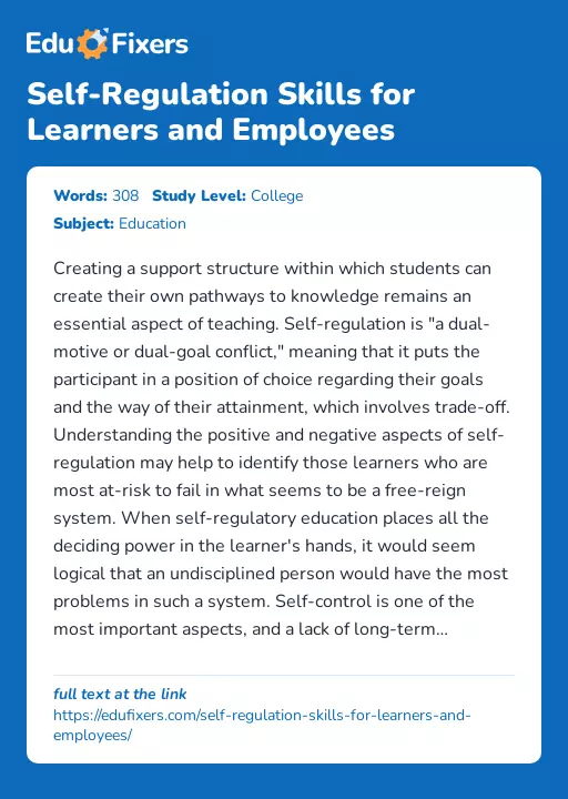 Self-Regulation Skills for Learners and Employees - Essay Preview