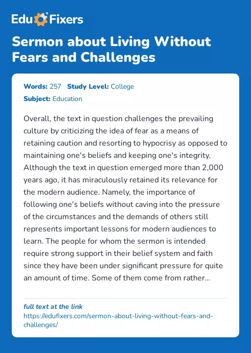 Sermon about Living Without Fears and Challenges - Essay Preview