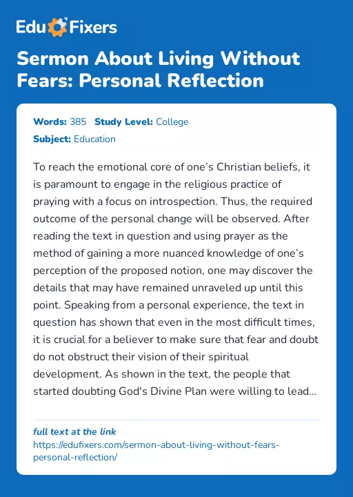 Sermon About Living Without Fears: Personal Reflection - Essay Preview