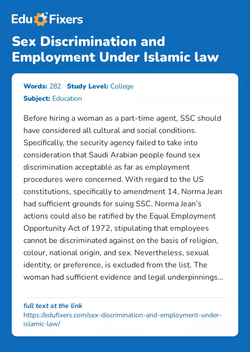 Sex Discrimination and Employment Under Islamic law - Essay Preview