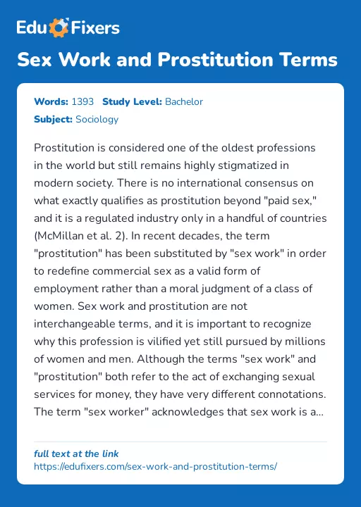 Sex Work and Prostitution Terms - Essay Preview