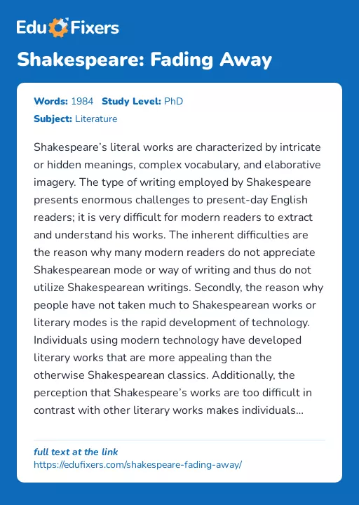 Shakespeare: Fading Away - Essay Preview