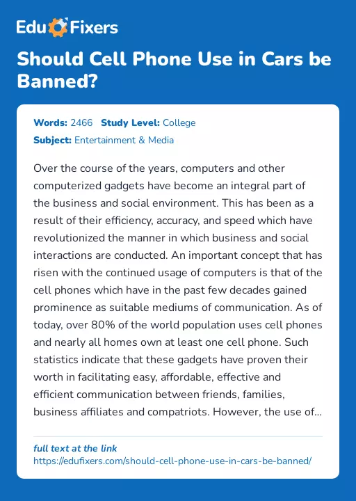 Should Cell Phone Use in Cars be Banned? - Essay Preview