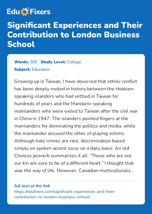 Significant Experiences and Their Contribution to London Business School - Essay Preview