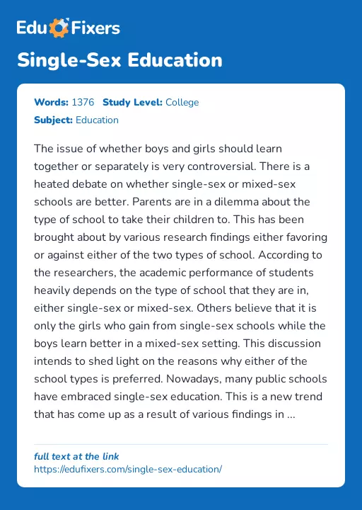 Single-Sex Education - Essay Preview