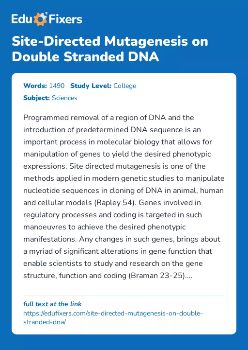 Site-Directed Mutagenesis on Double Stranded DNA - Essay Preview