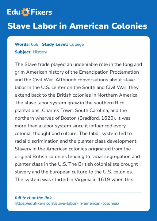 Slave Labor in American Colonies - Essay Preview