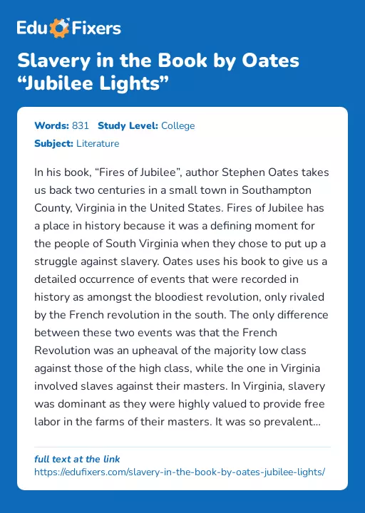 Slavery in the Book by Oates “Jubilee Lights” - Essay Preview